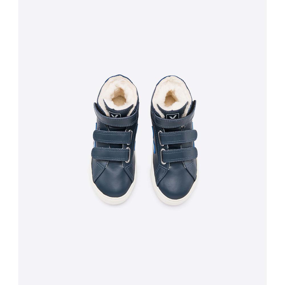 Kids' Veja ESPLAR MID FURED LEATHER High Tops Blue/Navy | ZA 691BEX